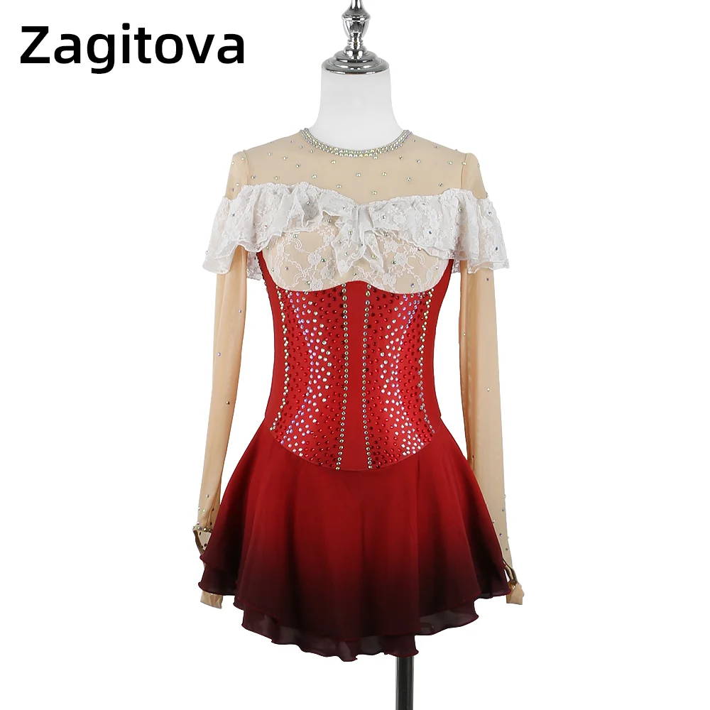 

Zagitova Customized Figure Skating Dress For Women Girls Ice Skating Skirt Performance With Shiny Diamond Gradient Red