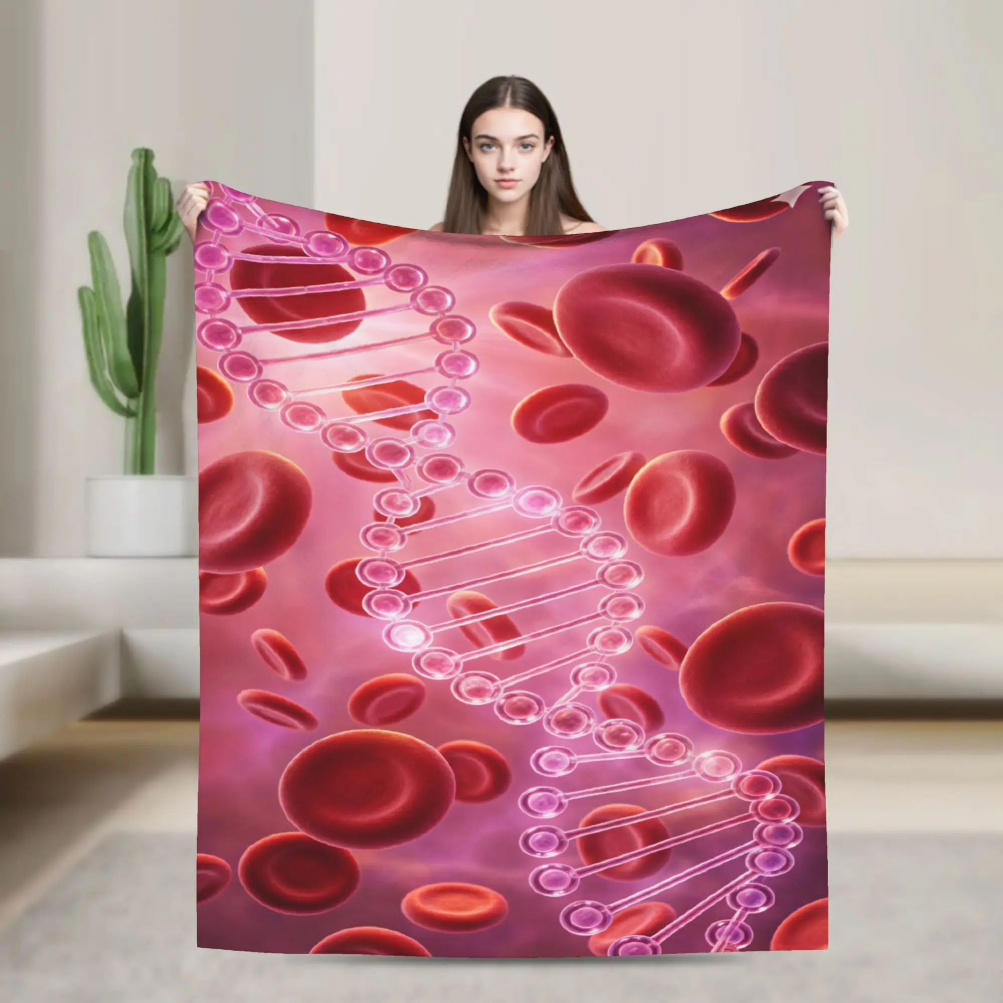 Pink Dna Strand With Red Blood Cells Science Warm Soft Blanket Office Plush Throw Blanket Chair Flannel Bedspread Sofa Bed Cover