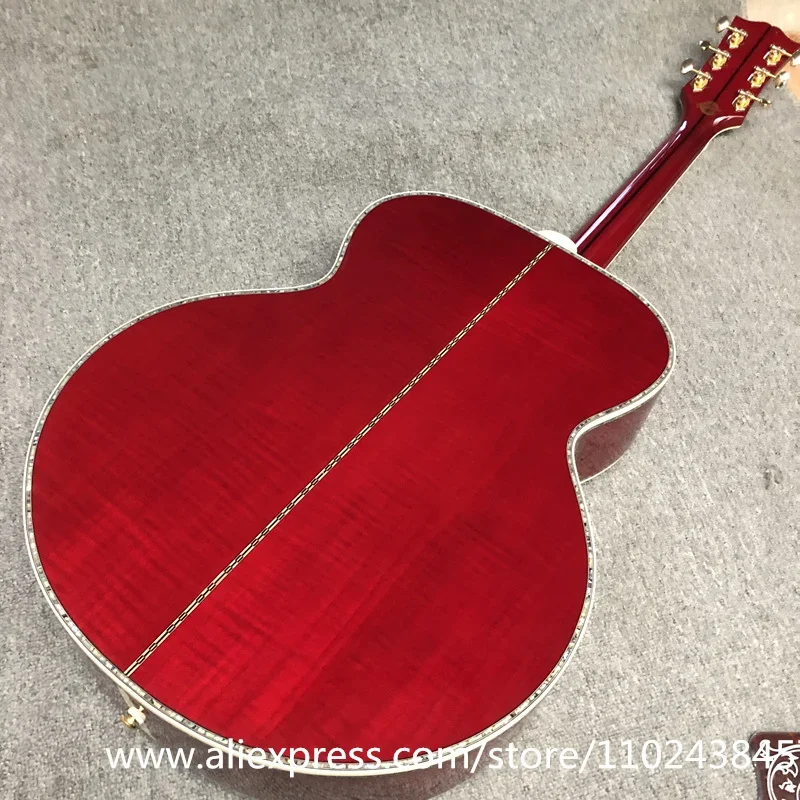 بلوزة من خشب التنوب الصلب، لوحة أصابع من خشب الأبنوس، ربط وترصيع على شكل صدفة أذن البحر الحقيقية، جيتار صوتي أحمر داكن جامبو، جودة عالية #3