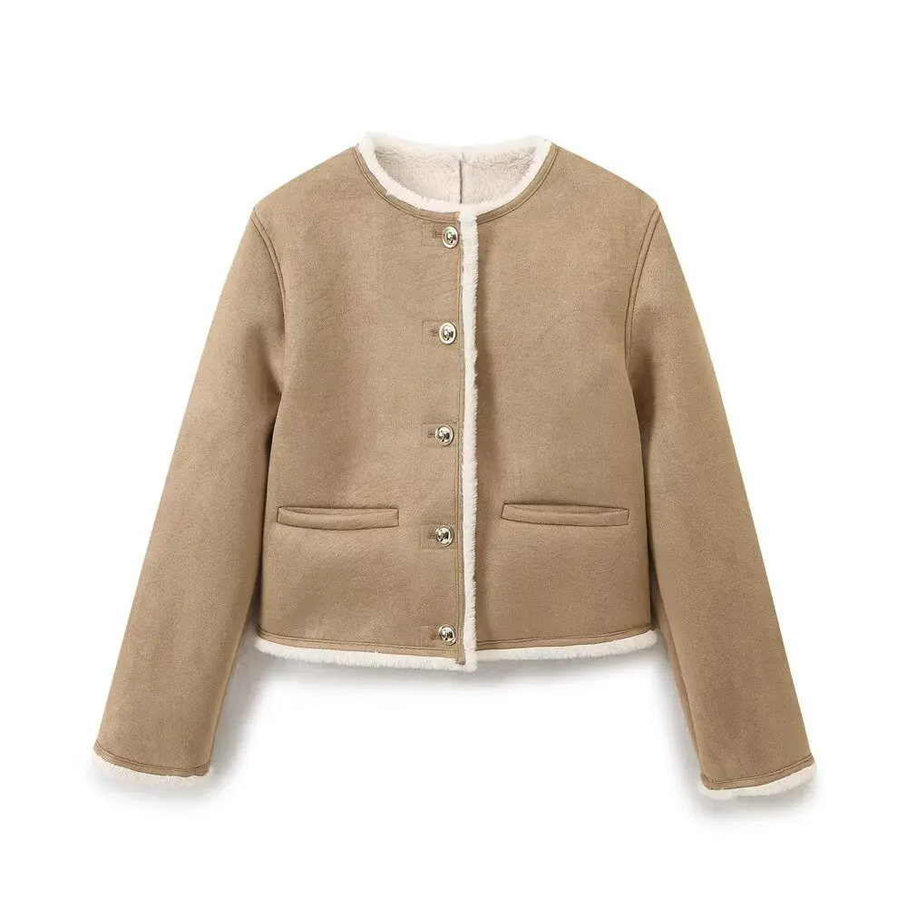 

DiYiG WOMAN 2025 Winter New Fashion Faux Fur Jacket Chic Gold Button Trimmed Double Side Long Sleeve Jacket Outerwear Mujer