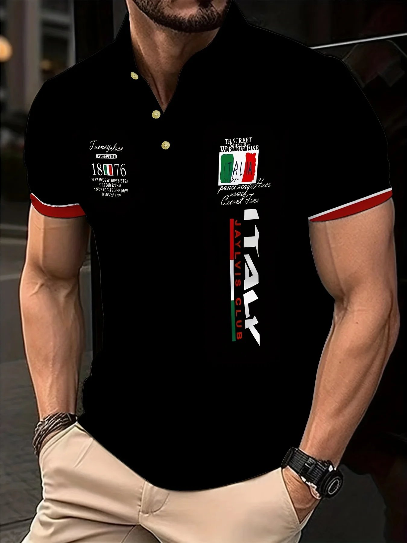 

Men's Italian Flag Pattern "ITALIA" Casual Short Sleeved T-shirt - Breathable Polyester Fiber, Classic Collar