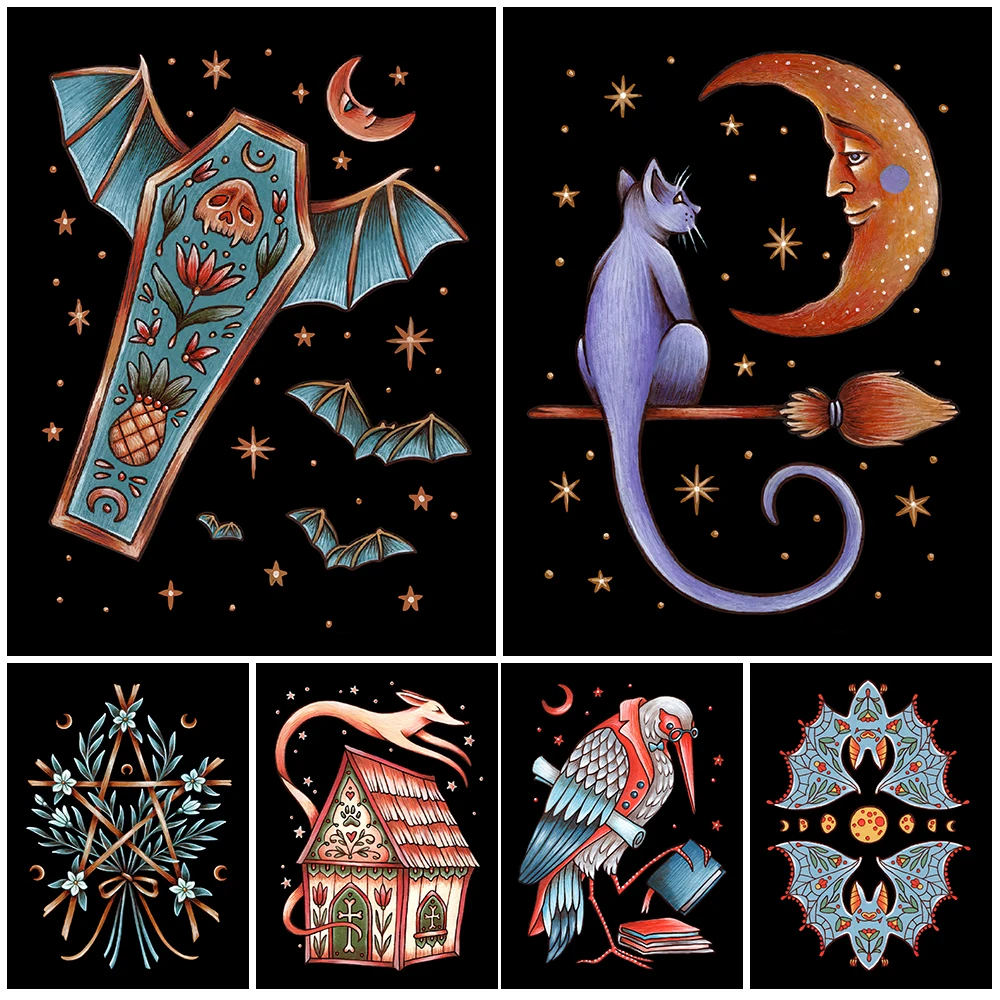 Anatomisches Herz und Halbmond Katze Gothic Hexe Kunst Poster und Druck Hexe Pentagramm Wandkunst Leinwand Malerei Dekoration