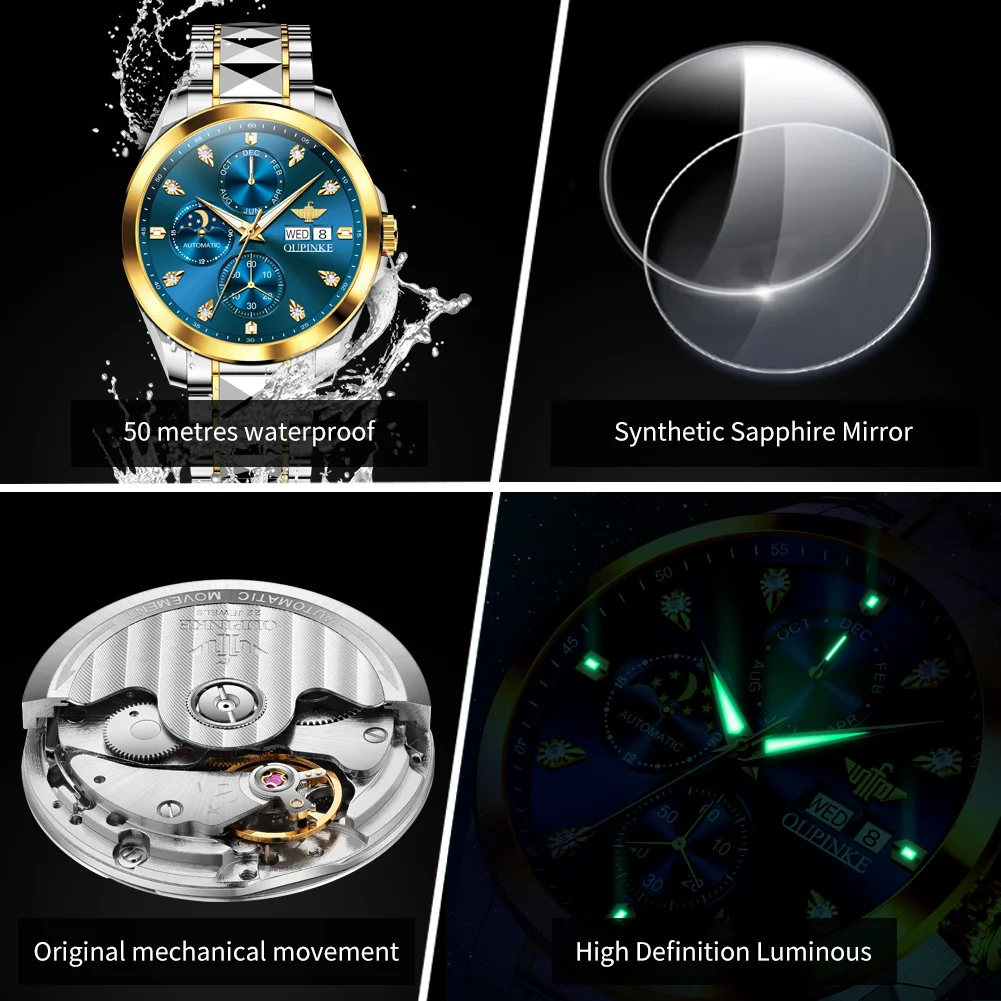 OUPINKE 3298 Mens Watch Original Automatic Mechanical Multifunctional Watch 50M Reloj Waterproof Luminous Watches Luxury Men