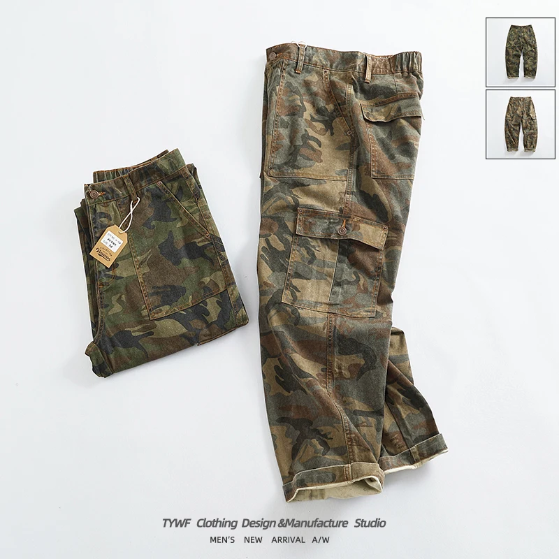 

Trendy Camouflage Workwear Casual Pants for Men Outdoor Multi-ket Loose Retro Elastic Waist Straight Leg Trousers