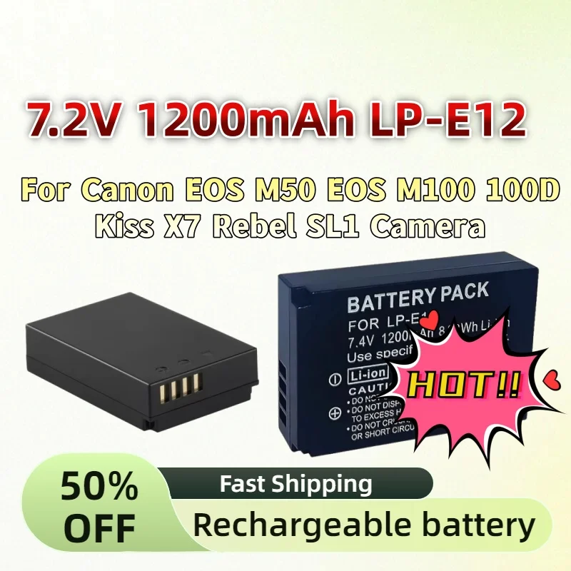 

For Canon EOS M50 EOS M100 100D Kiss X7 Rebel SL1 Camera New 7.2V 1200mAh LP-E12 LP E12 LPE12 Li-ion Battery + LCD USB Charger