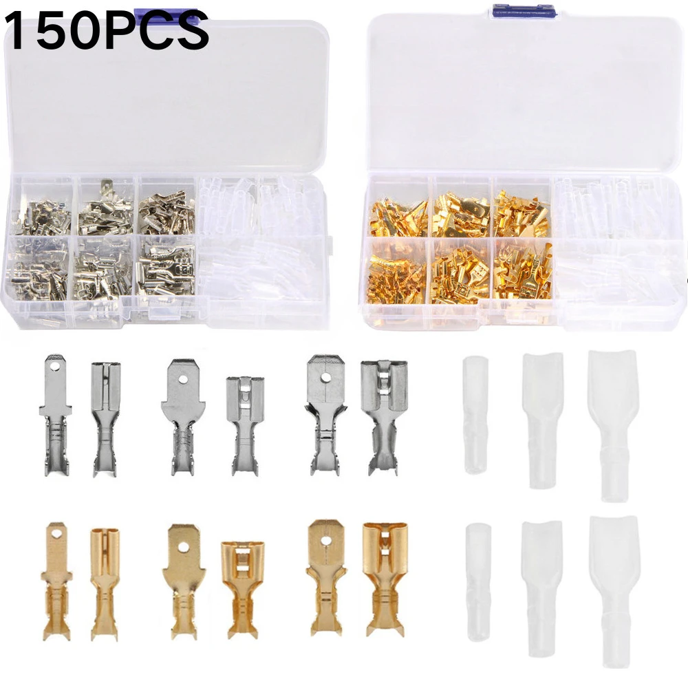 150Pcs 2.8mm 4.8mm 6.3mm Plug Spring Female Male Spade Cold Crimp Terminals Connector Car Speaker Electrical Wire Connectors Set