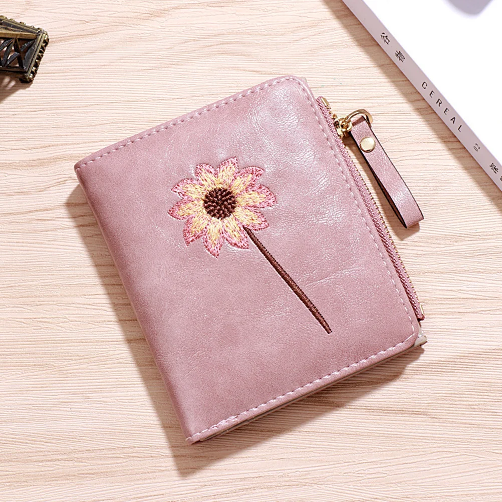 Pink Flower Bifold PU Wallet Zipper Purse Multi Position Bag Short Coin Pouch Change Pouch for Ladies PU Bag