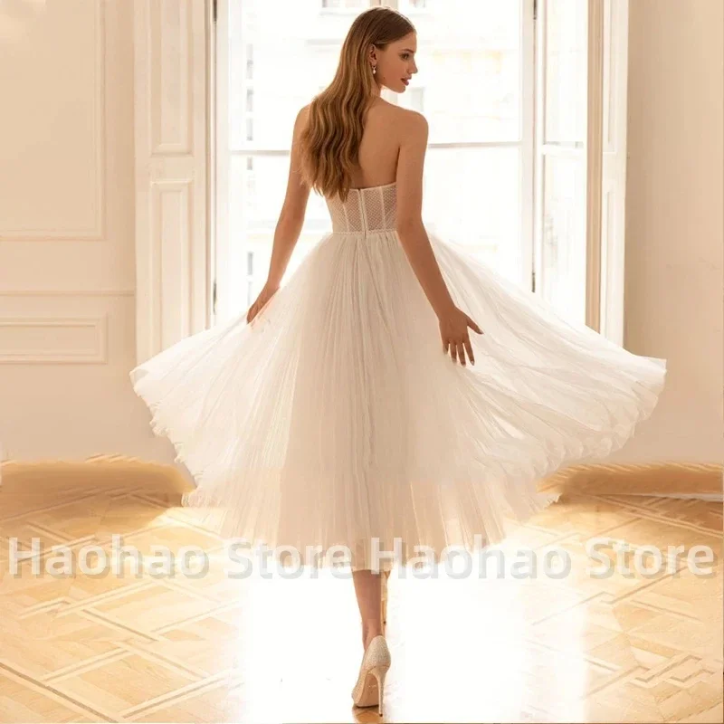 Simple fashion strapless sleeveless A-line Wedding dress Sexy backless strapless short elegant tulle Princess Bride Dress 2024