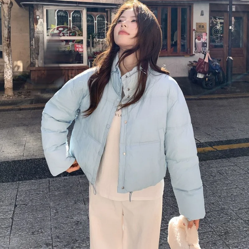 Women Light Blue Drawstring Collar Cotton Coat Women Zip Snap Drawstring Hem Warm Short Winter Minimalist Style Outer Coat