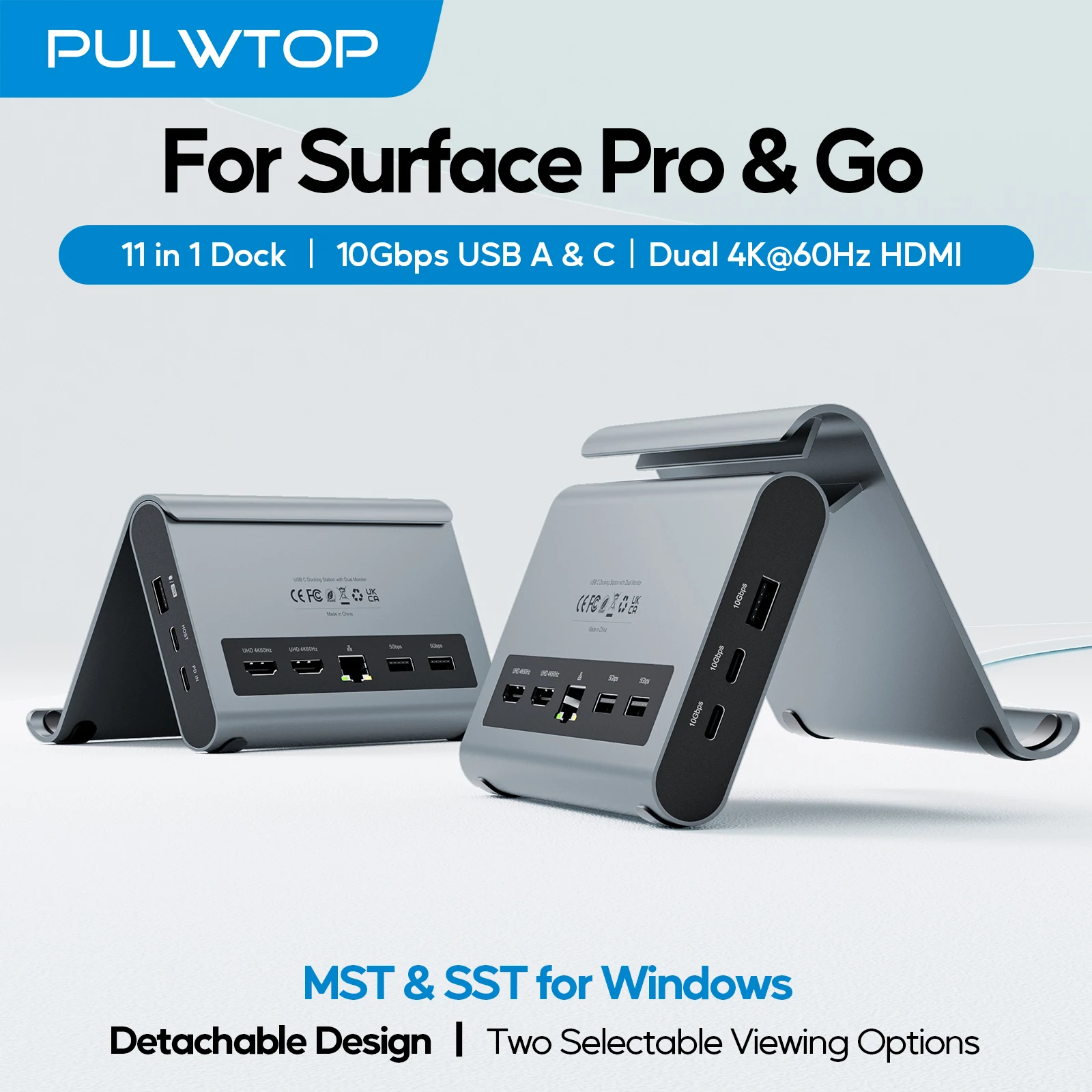 PULWTOP USB C Docking Station with 2 X HDMI 4K, USB-C/A 10Gbps, USB-A 5Gbps, Ethernet, PD, for Microsoft Surface Pro 11/10/9/8