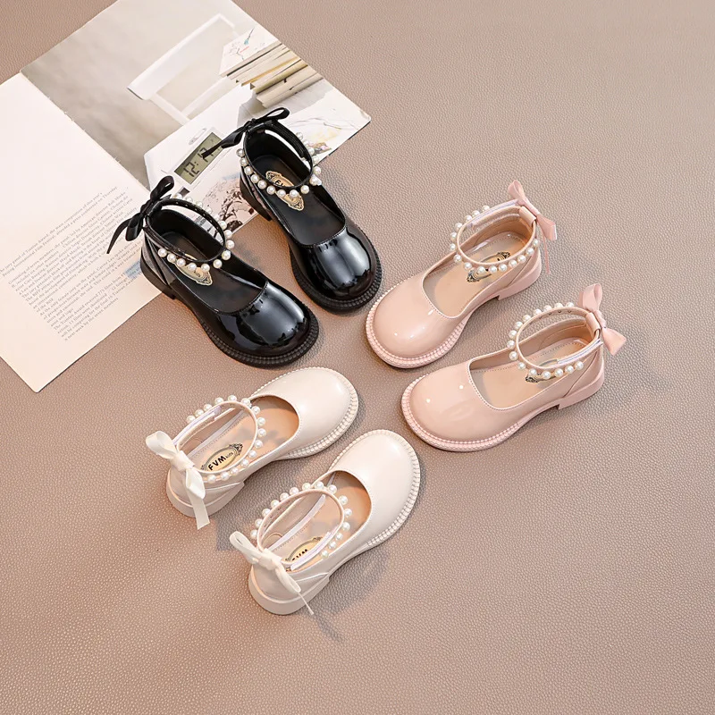 

Princess Girls Leather Shoes Pearls Mary Janes Flats Shoes 2023 Spring Autumn Bowtie Children's Flats Young Girls Dress Shoes