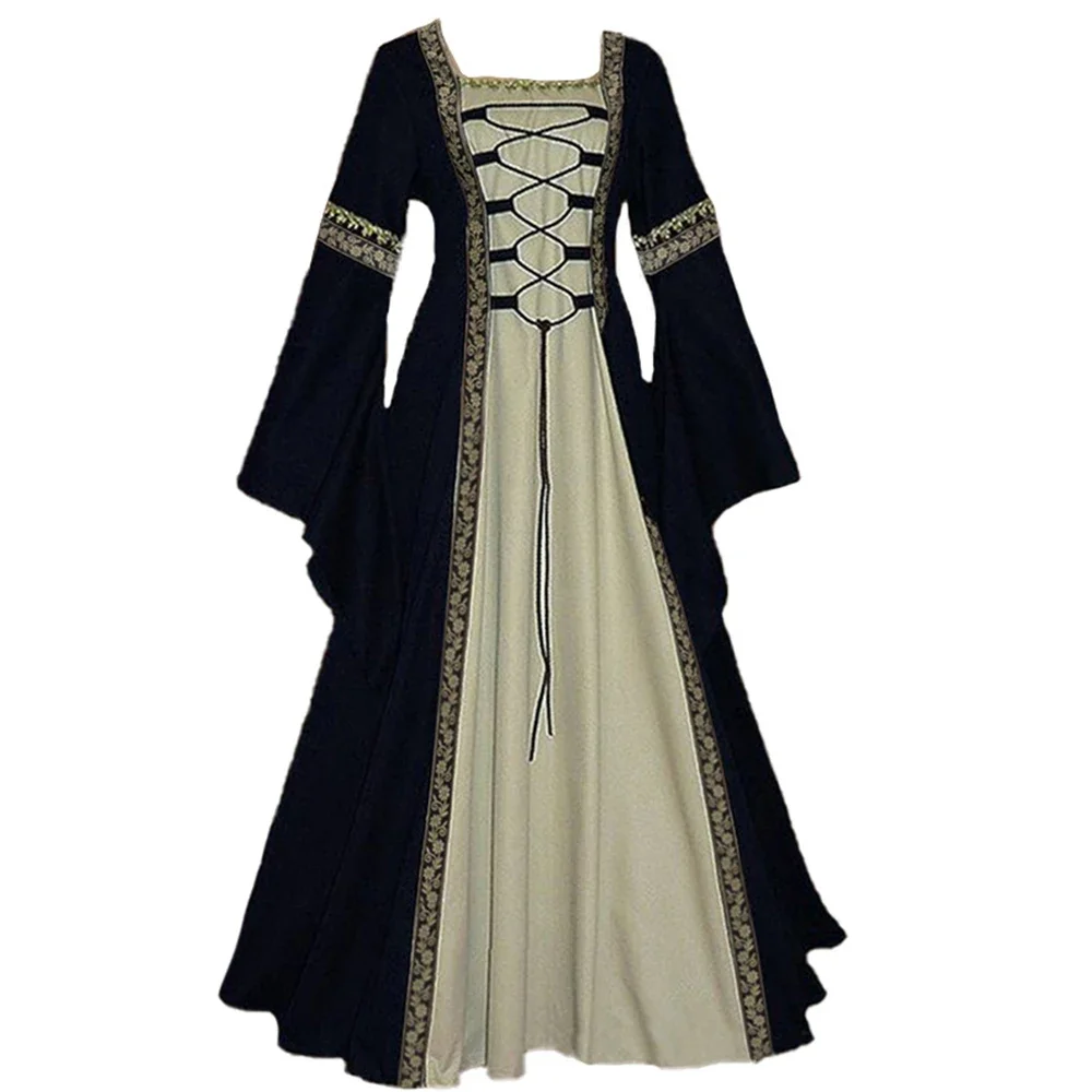 Women European Medieval Court Dress Fancy Vampire Cosplay Costume Retro Long Sleeve Medieval Victorian Court Queen Elegant Dress