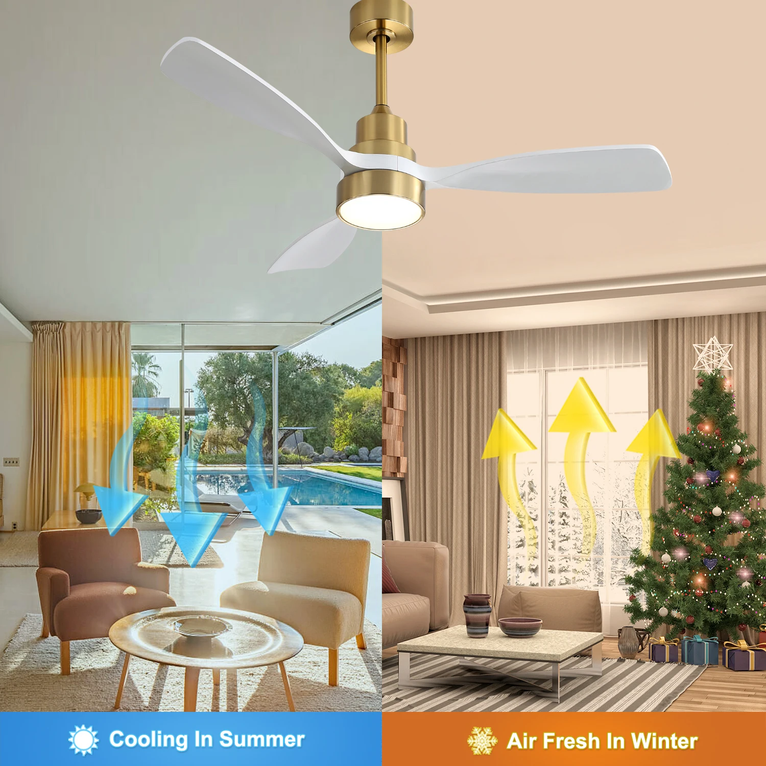 48 Inch Wood Ceiling Fan With 3 Solid Wood Blades Remote Control Reversible DC Motor For Living Room