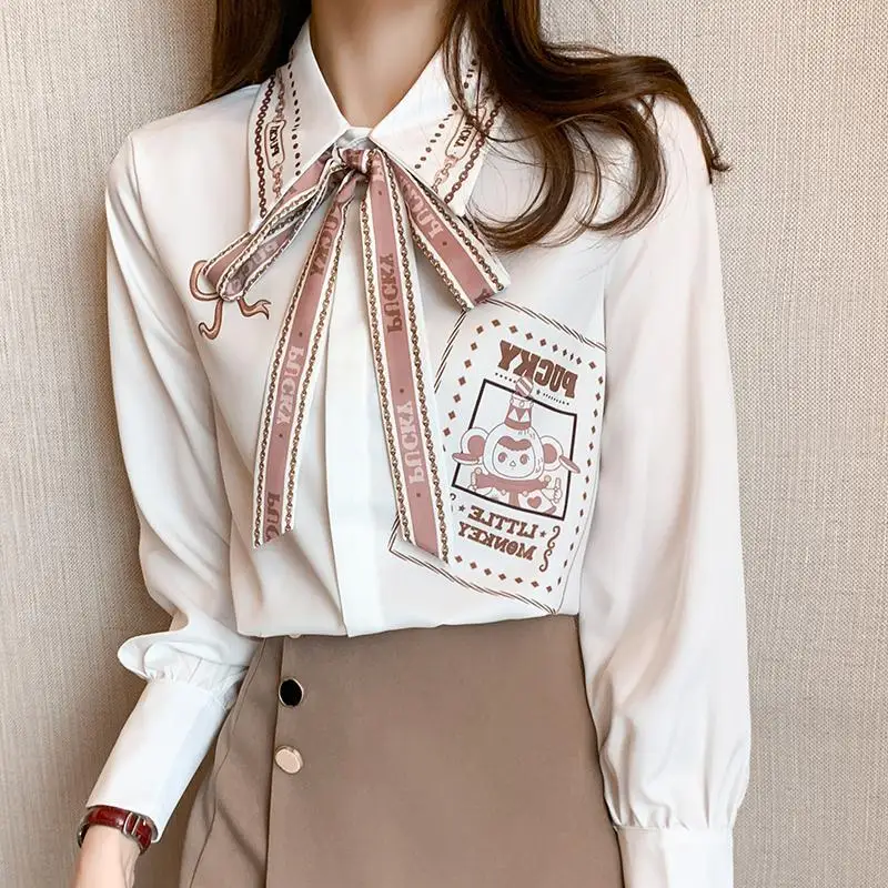 Elegant Lapel Printed Lace Up Bow Shirts Women\'s Clothing 2023 Autumn Winter Oversized All-match Tops Sweet Blouses