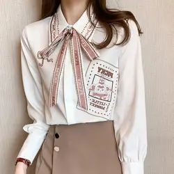 Elegant Lapel Printed Lace Up Bow Shirts Women's Clothing 2023 Autumn Winter Oversized All-match Tops Sweet Blouses