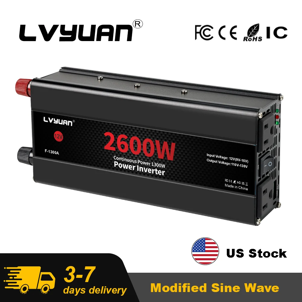 2600W/2000W/1500W Power Inverter 12V 110V 60Hz Car Inverter Dual US Sockets&USB Output Camping/Traval/RV Power Supply