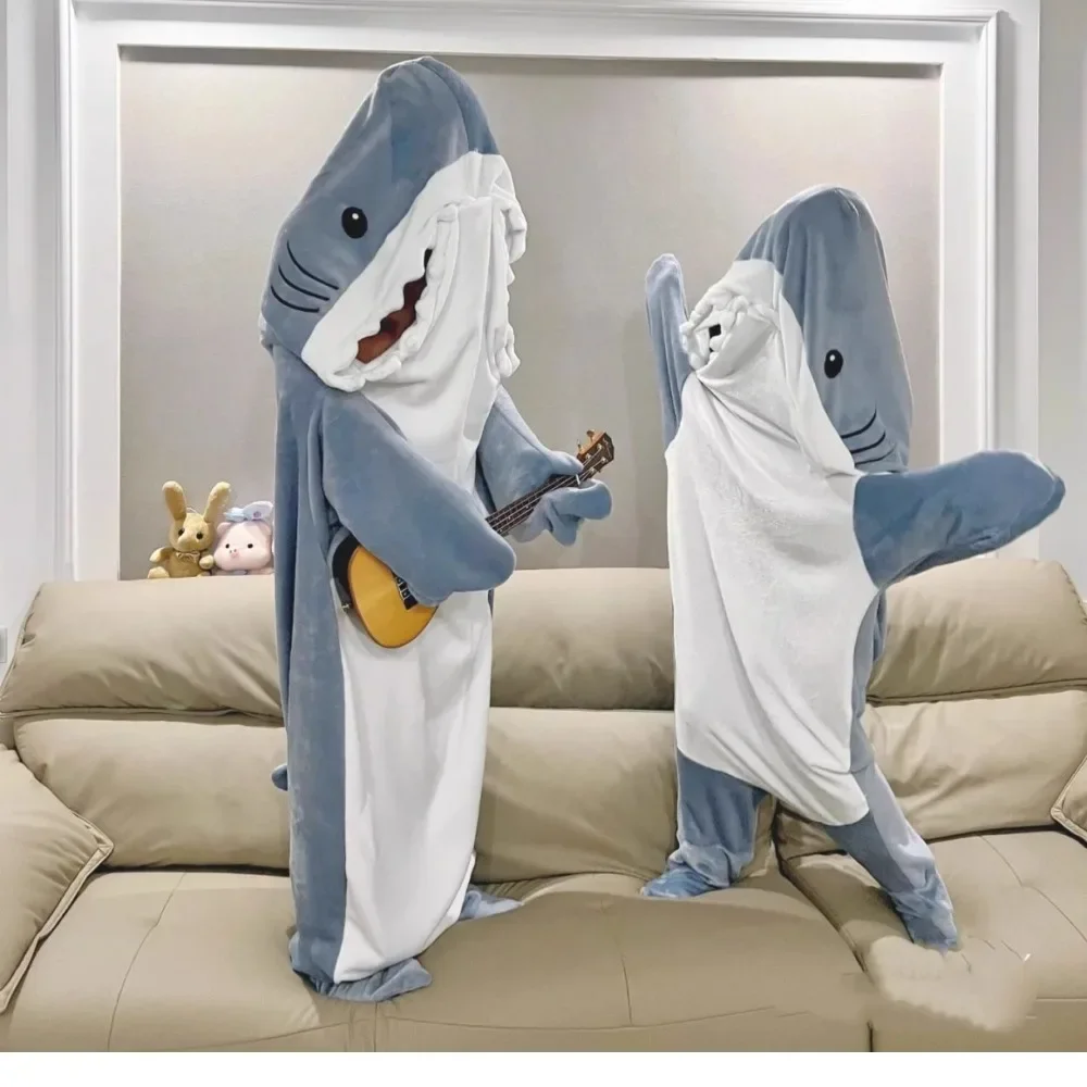 Shark Sleeping Bags Women\'s Cartoon Blanket Flannel Hooded Sleepwear Winter Warm Cute Sleeping Bags Funny Homewear Shark Onesie