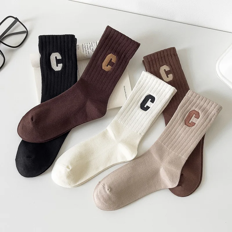 Japanese Embroidered Letter C Tube Solid Color Street Sports Ins Damp Cotton Socks