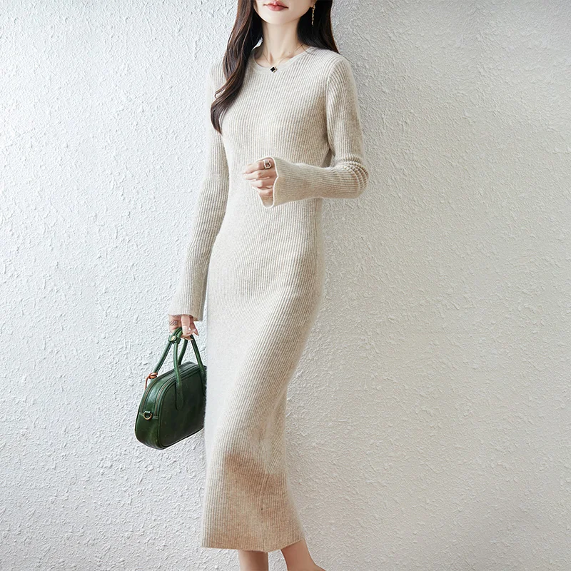 Nuove donne lavorate a maglia Pit strip stile dimagrante 100% lana australiana abito lungo girocollo manica svasata lunghezza di alta qualità stile Dres