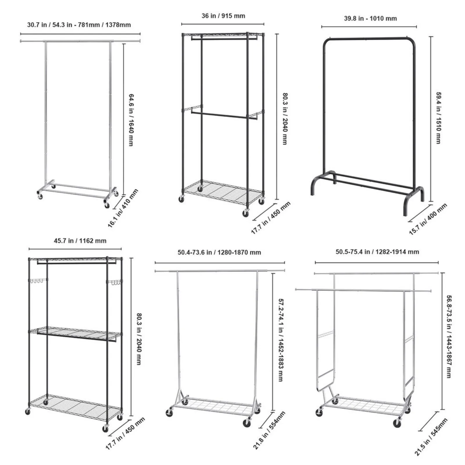 US Clothes Rack with Wheels Heavy Duty Clothing Garment Rack with Hanging Rod clothes drying rack space saving