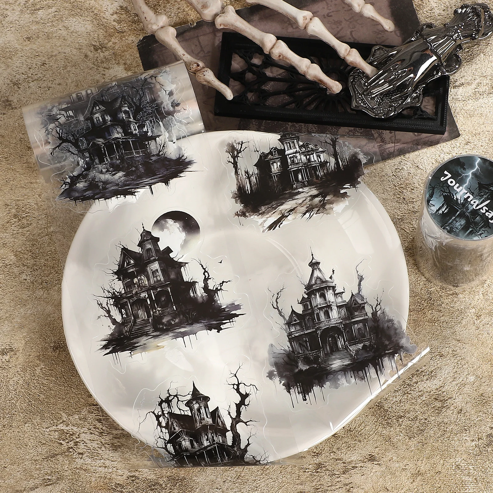 fita-pet-vintage-gotica-escura-de-80mm-200cm-com-paisagem-de-casa-assombrada-material-criativo-para-diario-diy-colagem-e-scrapbooking