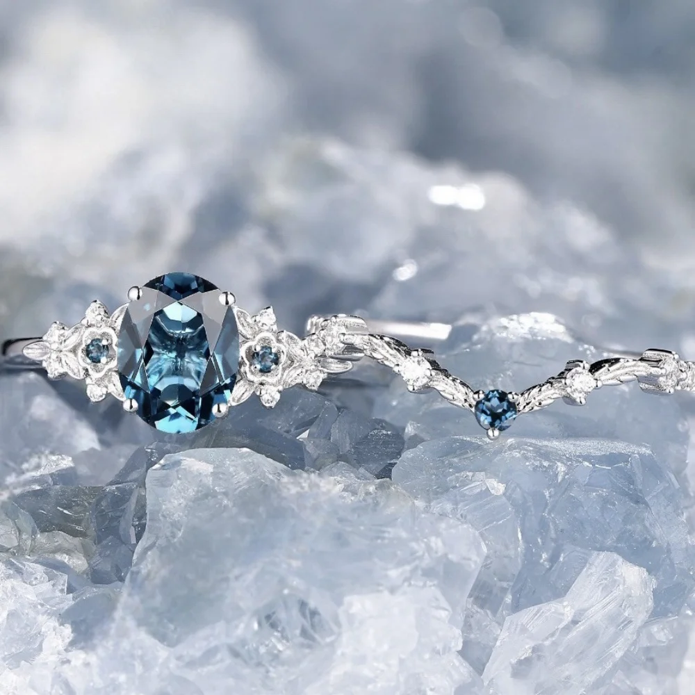 

Luxury Exquisite Inlaid With Zircon Blue Stone Exquisite Fashion Party Engagement Wedding Anniversary Ring Set For Women Jewelry