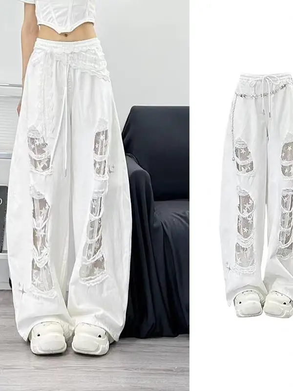 

plus Size High Waist Lace Patchwork Wide Leg Jeans Casual Style Dancing Girl Spring Summer American Style Blue Jeans