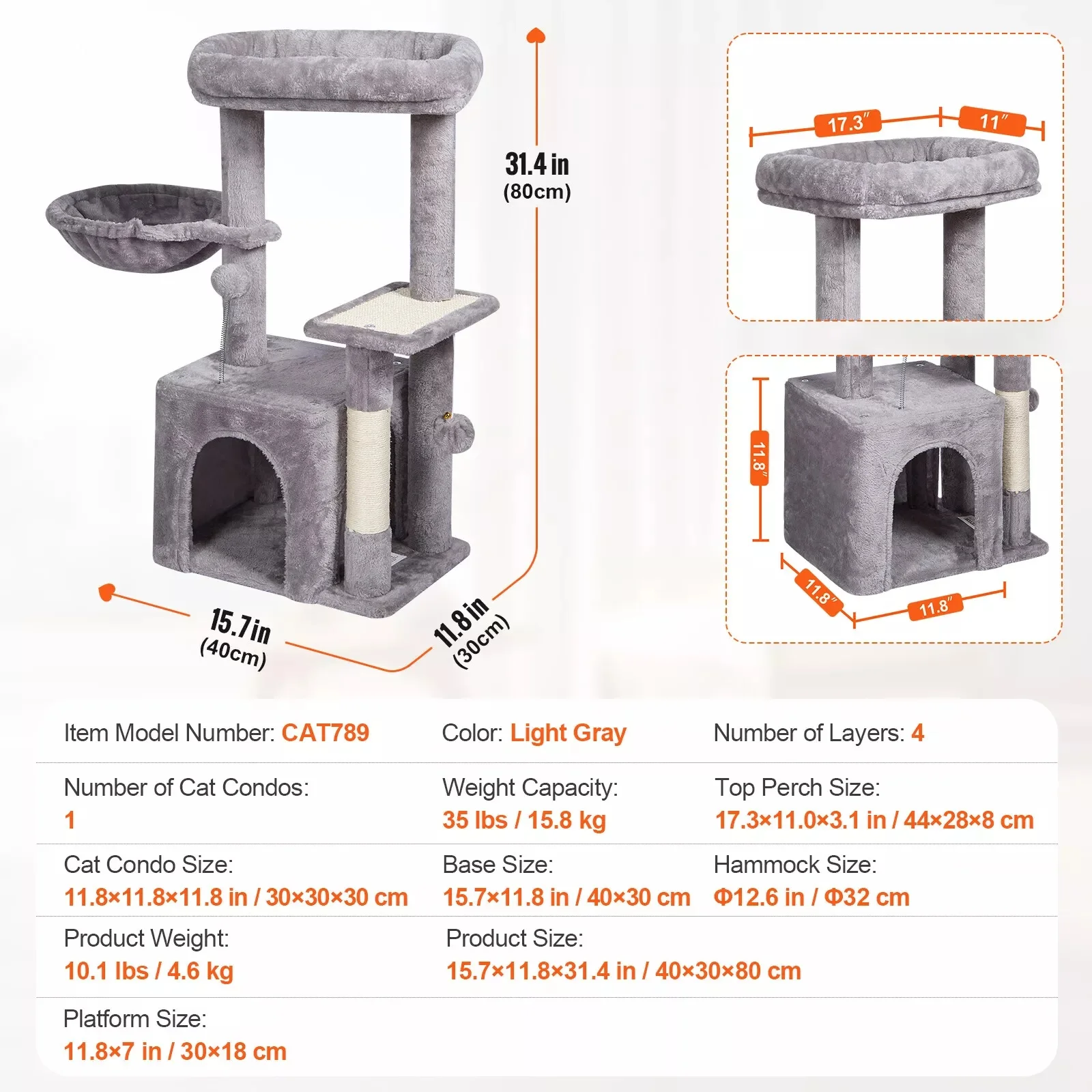 Pohon kucing 31.4 "Menara kucing dengan kucing Kondominium Sisal menggaruk Post Light abu-abu