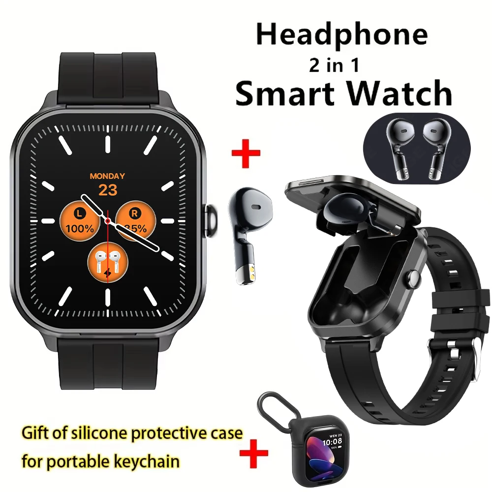 

Men Smart Watch 2.01 inch HD Large Screen Waterproof Heart Rate Blood Oxygen Bluetooth Earphones TWS 2 in 1 Headset Smartwatches