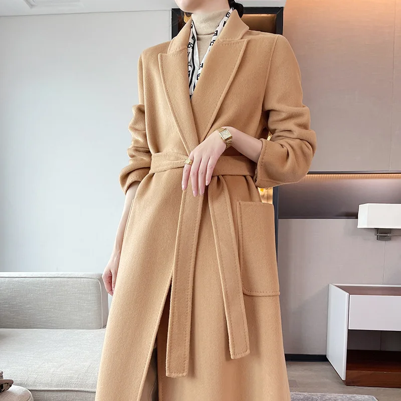 

High-end Cashmere Coat Women Long Camel Casual Wool Coat Female Winter Black Lace-up Coat Autumn Purple Temperament Commuting