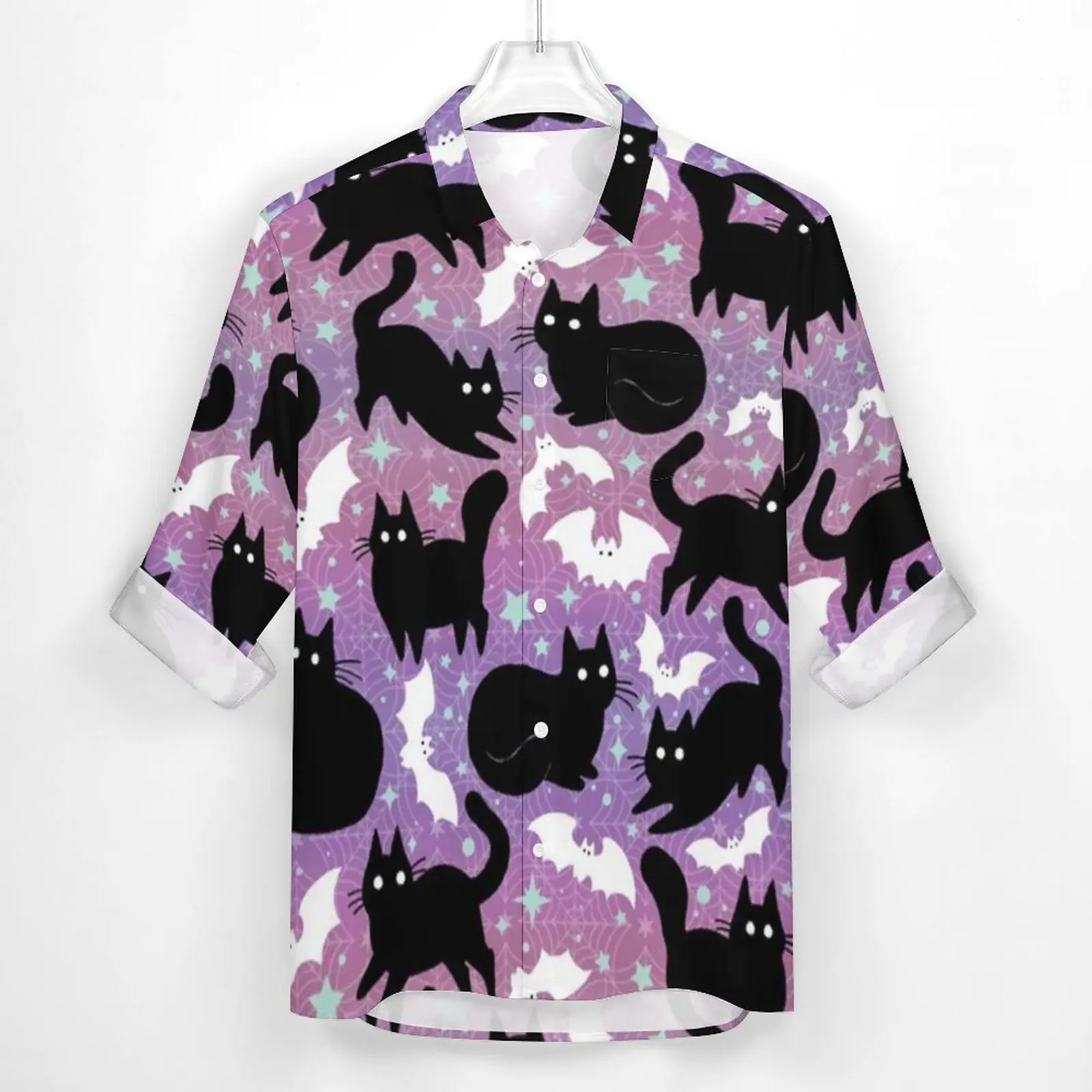 Funny Black Cat Casual Shirts Men Pastel Halloween Shirt Long Sleeve Vintage Y2K Blouses Spring Design Clothes Plus Size 3XL 4XL