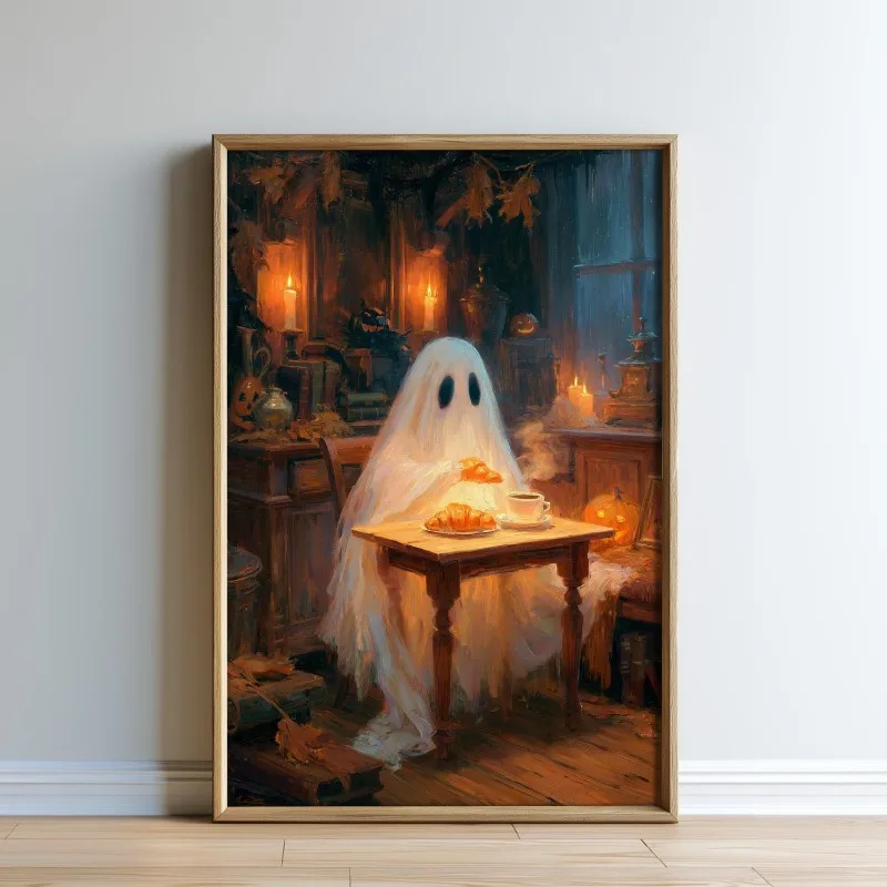 Ghost Enjoying Coffee Croissant Wall Art Print Cozy Vintage Cottage Spooky Autumn Halloween Interior Home Decor Unframed Canvas