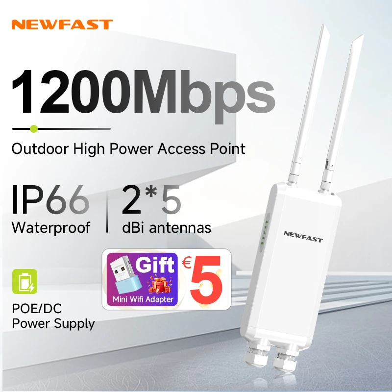 Newfast 1200Mbps Zewnętrzny Punkt Dostępowy 2.4G&5.8GHz Gigabitowy Router Antena WiFi Dalekiego Zasięgu Wzmacniacz AP IP66 Wodoodporny Wzmacniacz Sygnału Uliczny o Dużej Mocy