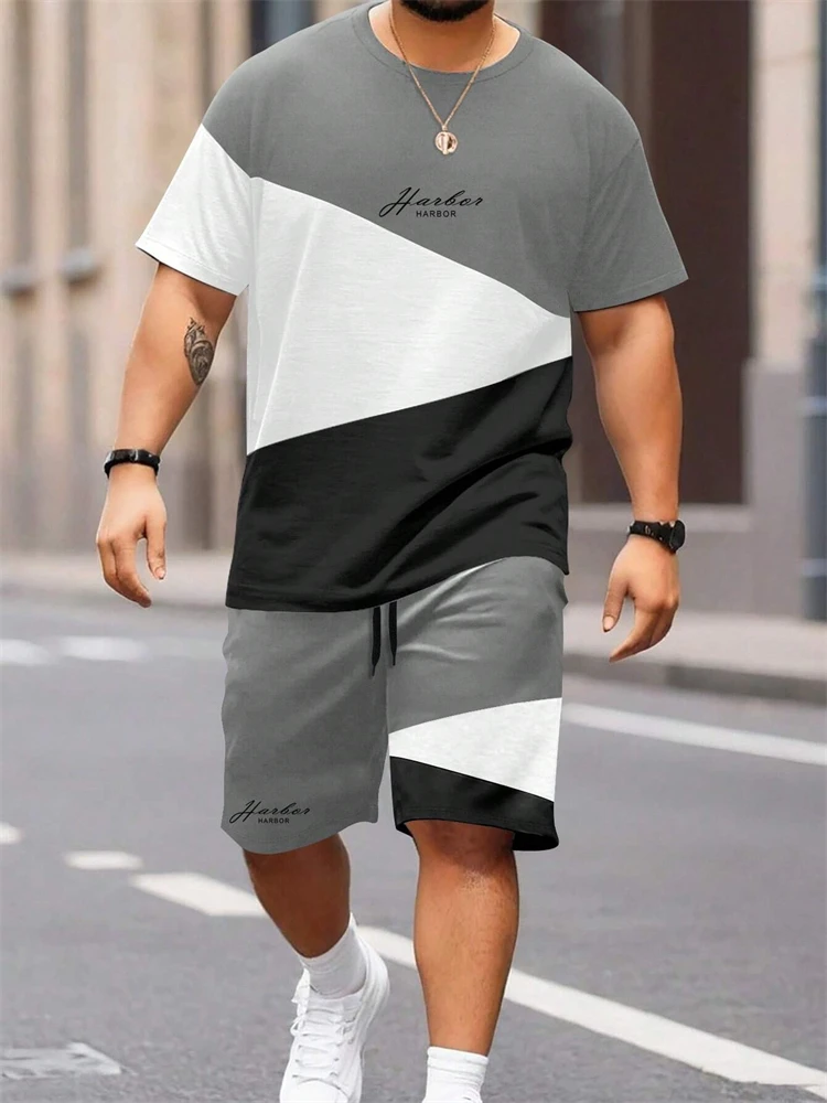 Summer Patchwork Monogrammed T-Shirt Men Crew Neck Short Sleeved Drawstring Shorts Tracksuit Outdoor Street Photography Clothing