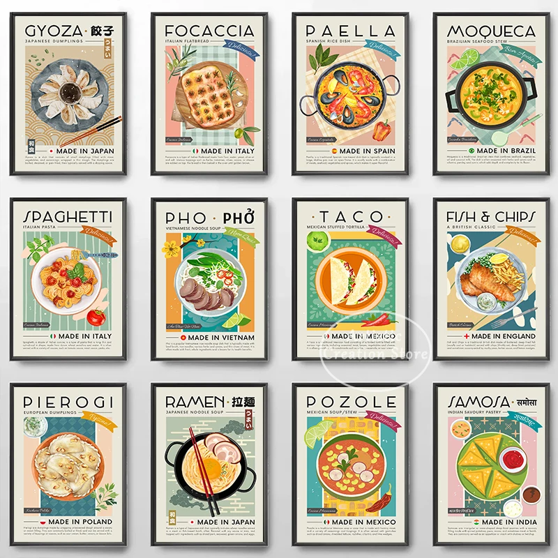 Pintura en lienzo de comida Vintage Gyoza Samosa Pozole, pintura de pescado y patatas fritas, póster de cocina mundial, impresión para el hogar, cocina, decoración de restaurante