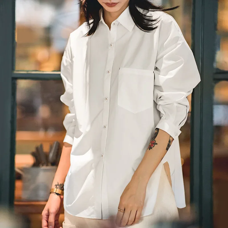 Maden Women's Basics Long-sleeved Shirts Turn-down Collar Loose Blouses White Inner Tops Causal Outerwear Shirts Oversized Style