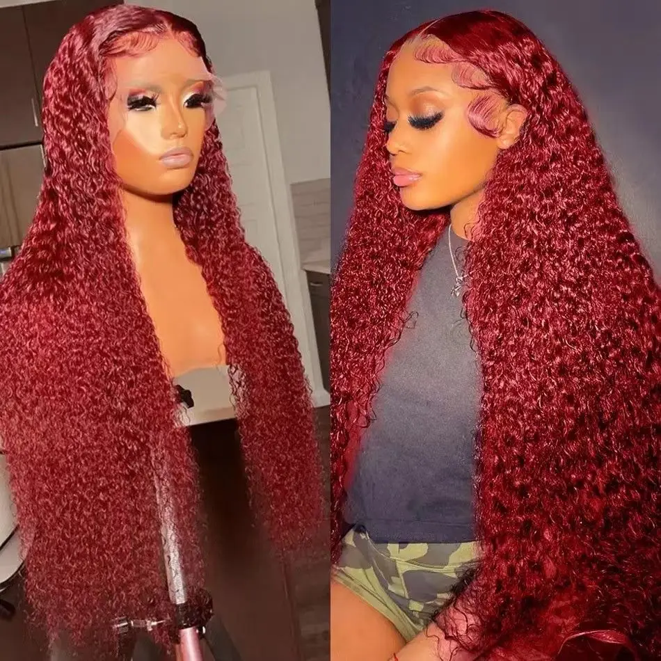 99J Burgundy 13x6 hd lace frontal human hair wig 30 40 Inch Burgundy Deep Wave 13x4 Frontal Red Curly Wigs Remy For Women choice