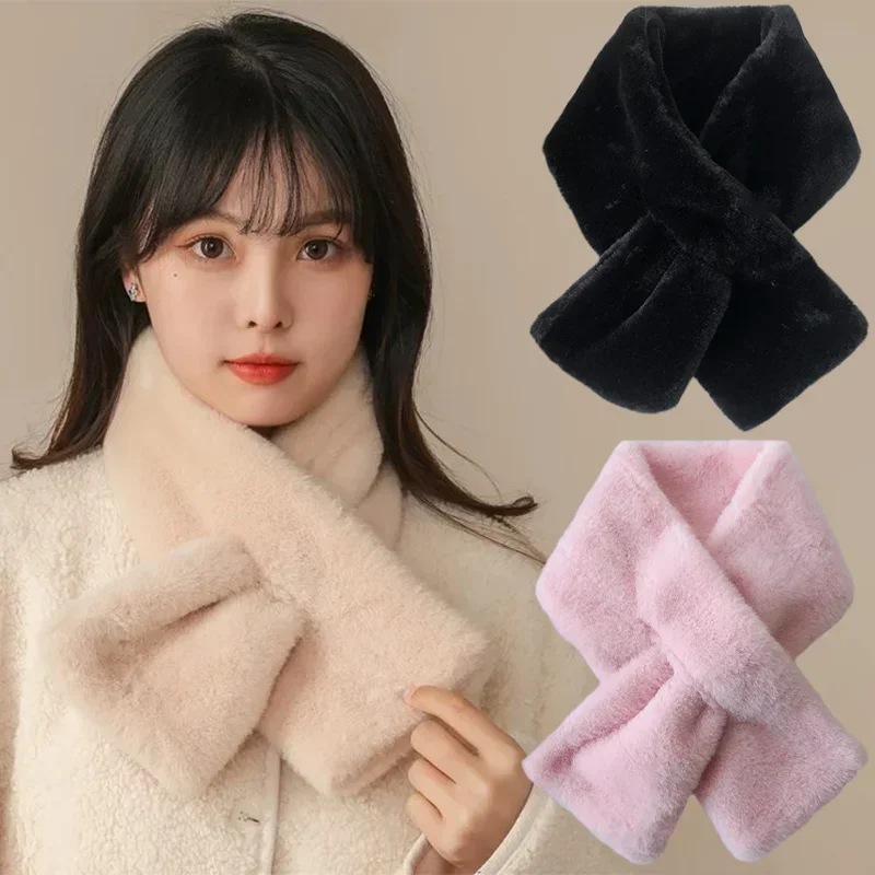 New Trendy Winter Warm Thicken Cross Collar Scarf Solid Color Faux Rabbit Fur Plush Elegant Neck Protection Scarf for Women Girl