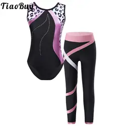 Kids Girls Sleeveless Rhinestones Ballet Dance Gymnastic Leotard with Legging Pants Outfit 2Pcs Printed Bodysuit Jumpsuit Set