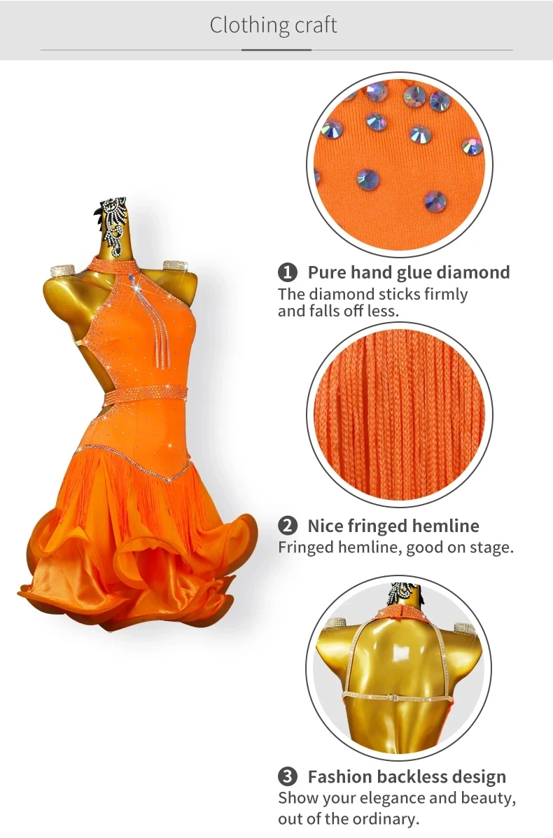 Lateinamerikanisches Tanzkostüm, Mädchenkleid, Bühnenkleidung, amerikanisches Outfit, Damen-Samba-Cabaret-Anzug, Tanzbekleidung, formeller Ballkleid-Rock. – Detail 6