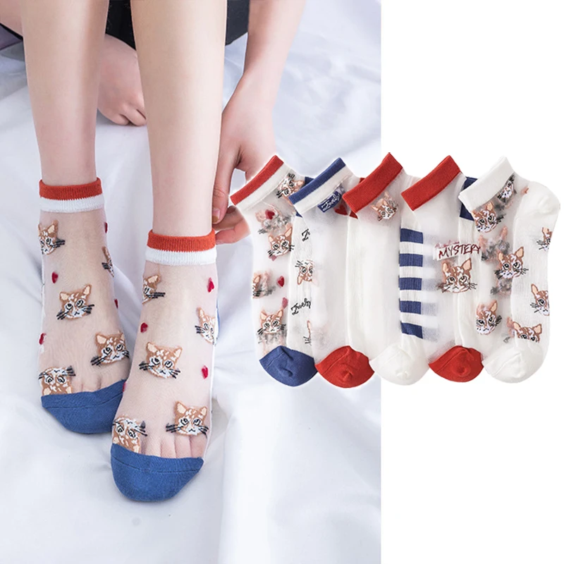 Women Cute Cat Socks Anime Kitty Cartoon Spring Sumer Students Wearing Transparent Cass Socks Boys Girls Gifts