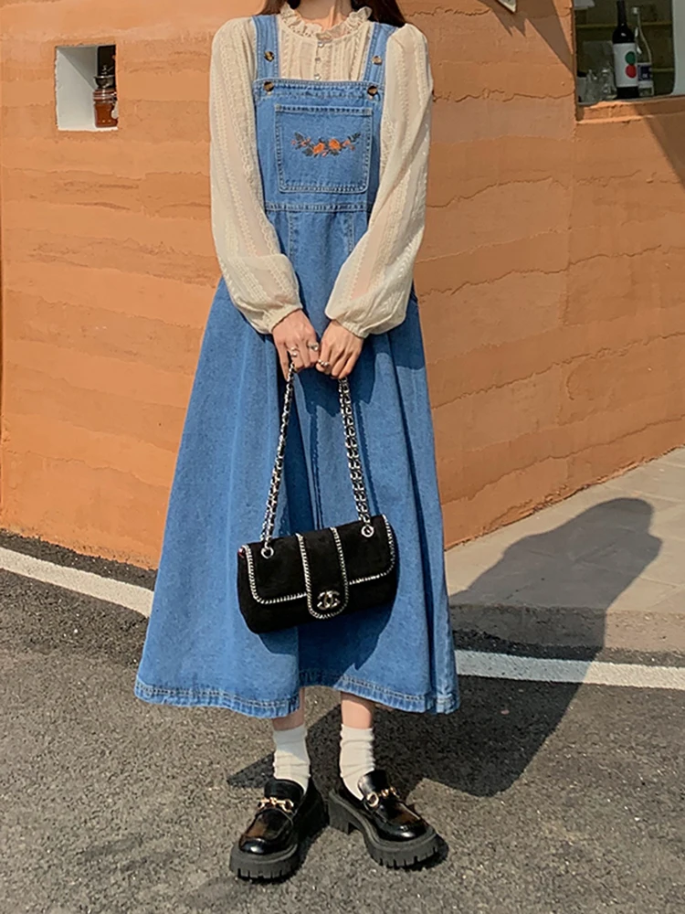 SML Women Loose Floram ricamo Denim Dress Ladies Vintage Denim Dress Female Spaghetti Strap Jeans Denim Dresses(78861