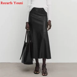 Wide Waistband Leather Skirt for Women 2024 European Trends Front Slit Large Hem 90 cm Long Jupe 100% Sheepskin Faldas Largas