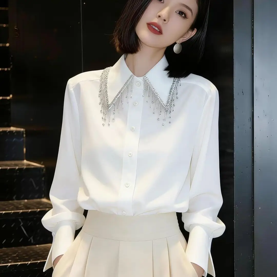 Light luxury style beaded fringed shirt women's 2026 new heavy industry long-sleeved high-end temperament thin top