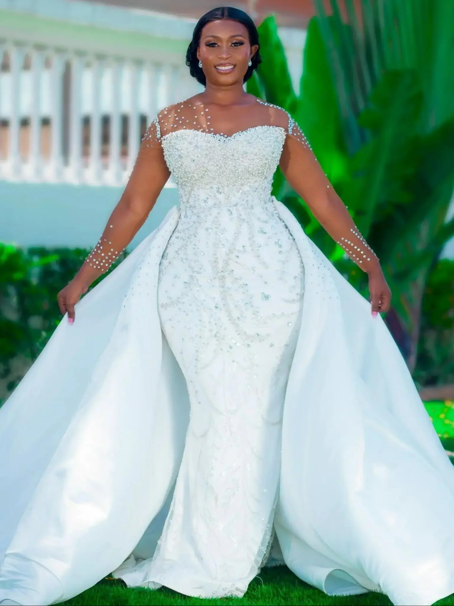 Flavinke Maßgeschneiderte U-Ausschnitt Perlen Kristalle Meerjungfrau Brautkleider 2025, für die Braut, abnehmbare Schleppe, lange Ärmel, Brautkleider