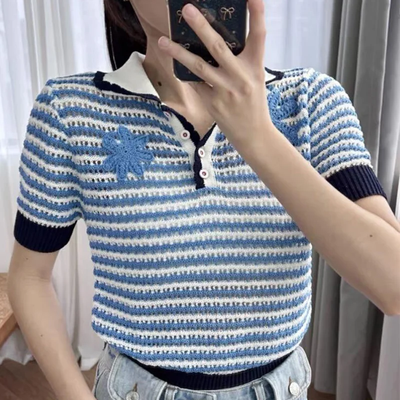 

Summer New Chic Embroidery Hollow Out Knitted Tops Women's Loose Casual Striped Polo Shirts