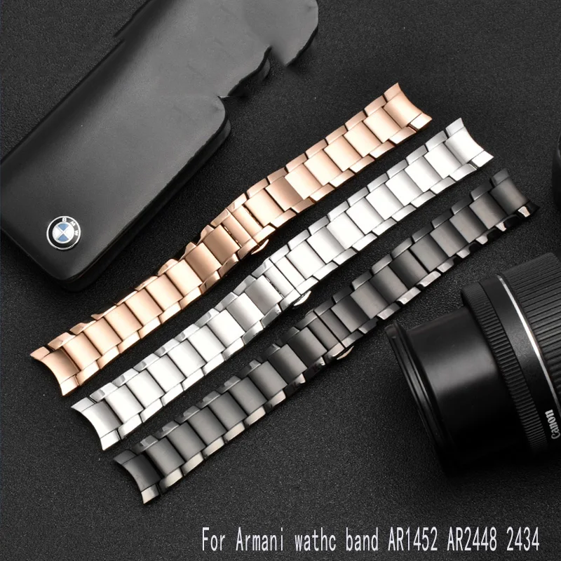 22mm Curved end Watchband For Armani AR2452 AR2453 AR2448 2447 2453 Stainless Steel Watch Strap Folding Buckle Silver Rose Gold