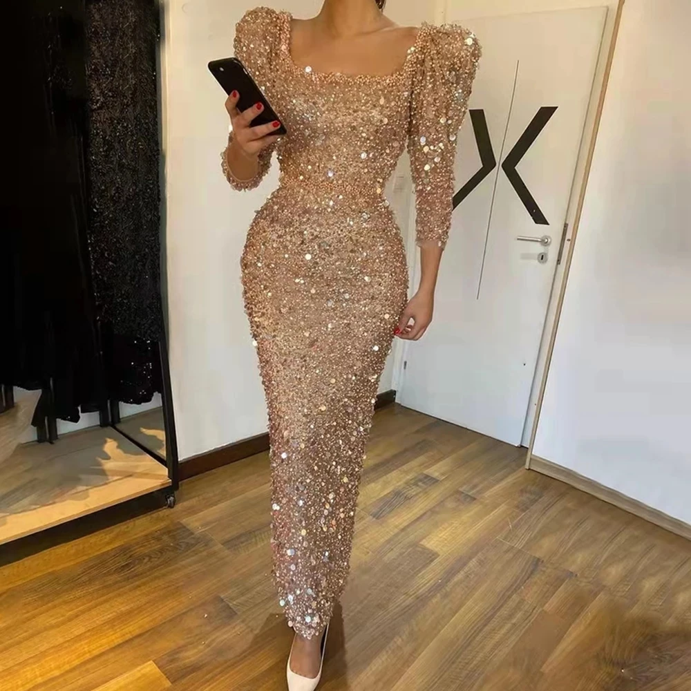 

2023 Champagne Women's Evening Dresses Long Sleeve Sequins Mermaid Square Neck Prom Gowns Fashion Celebrity Formal Party فساتين