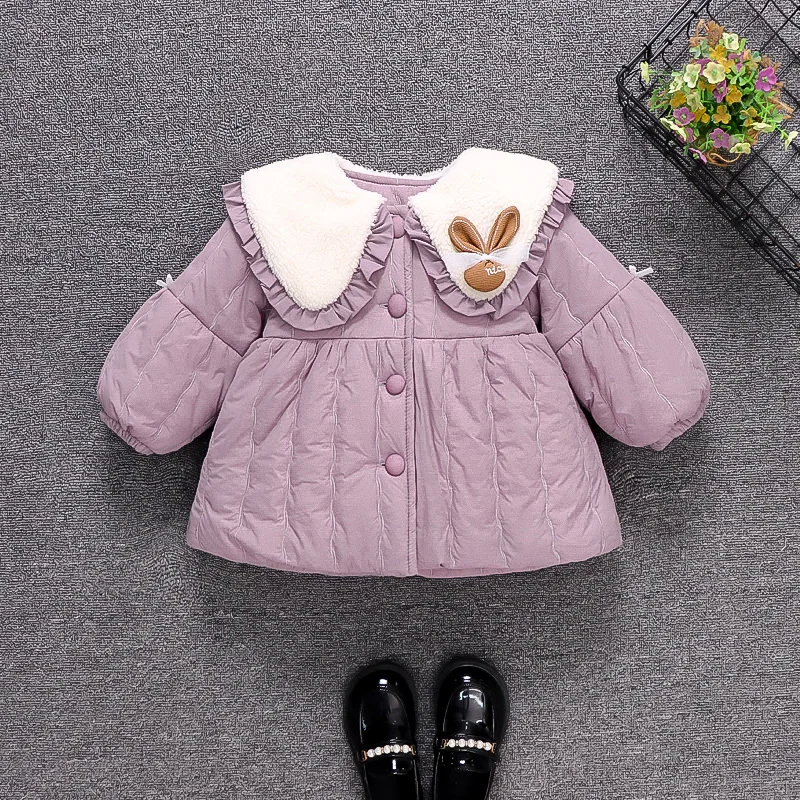 Cute Baby Girl Cotton Coat With Winter Lace Granular Velvet Big Collar Solid Color Single Breasted Cotton Jacket