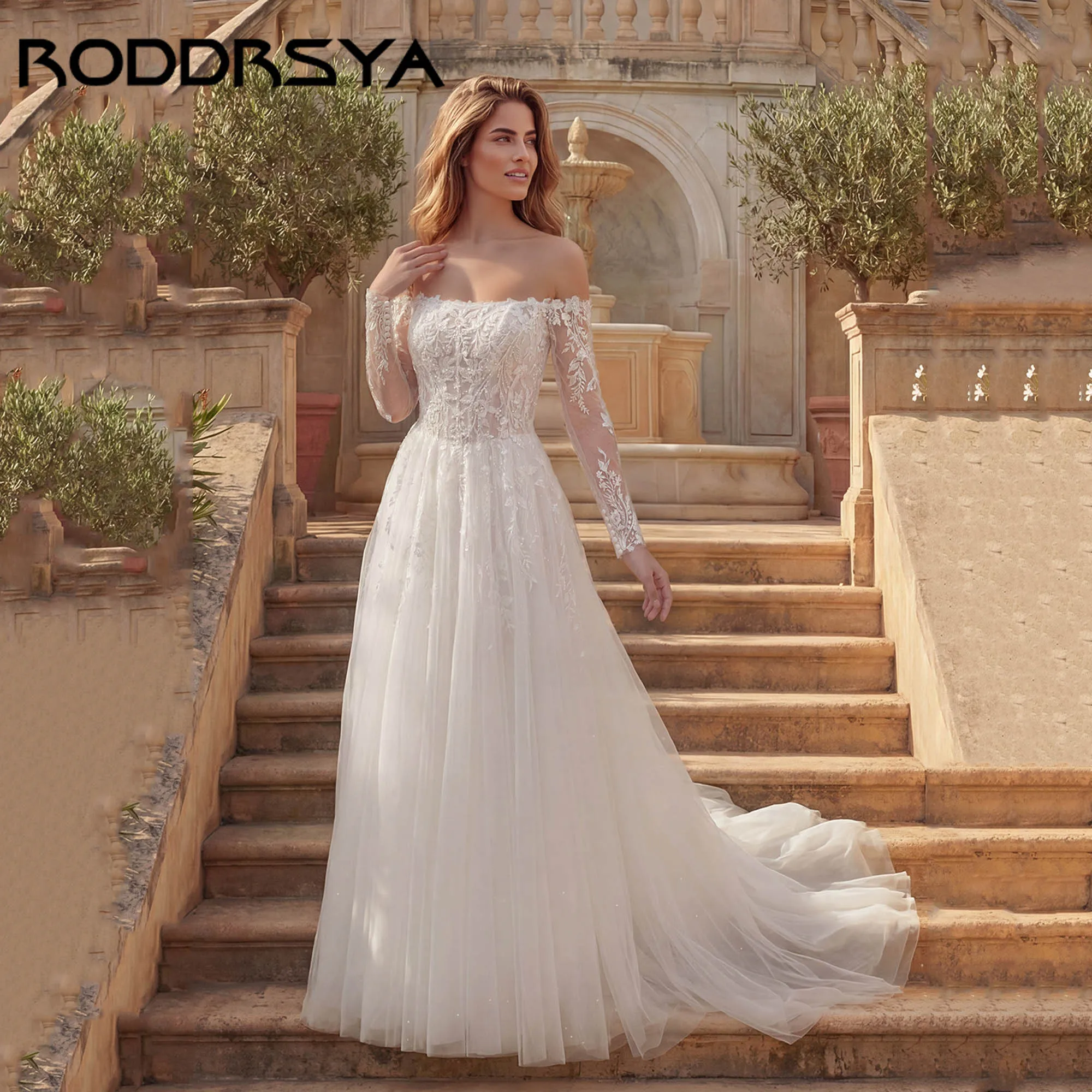 Свадебное платье RODDRSY с открытыми плечами и длинными рукавами, А-силуэт, V-образная спинка, аппликации, романтическое тюлевое свадебное платье, индивидуальный пошив.